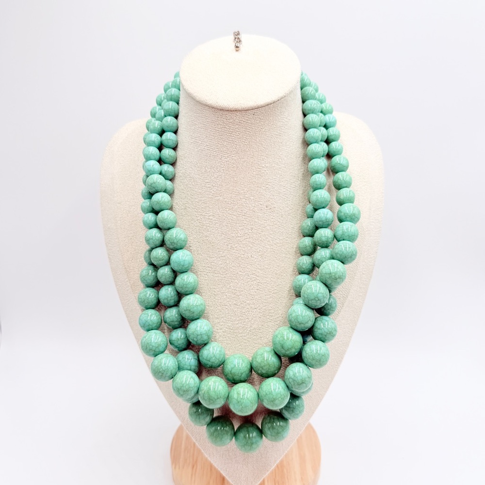 Triple Strand Turquoise Tone Beaded Statement Necklace